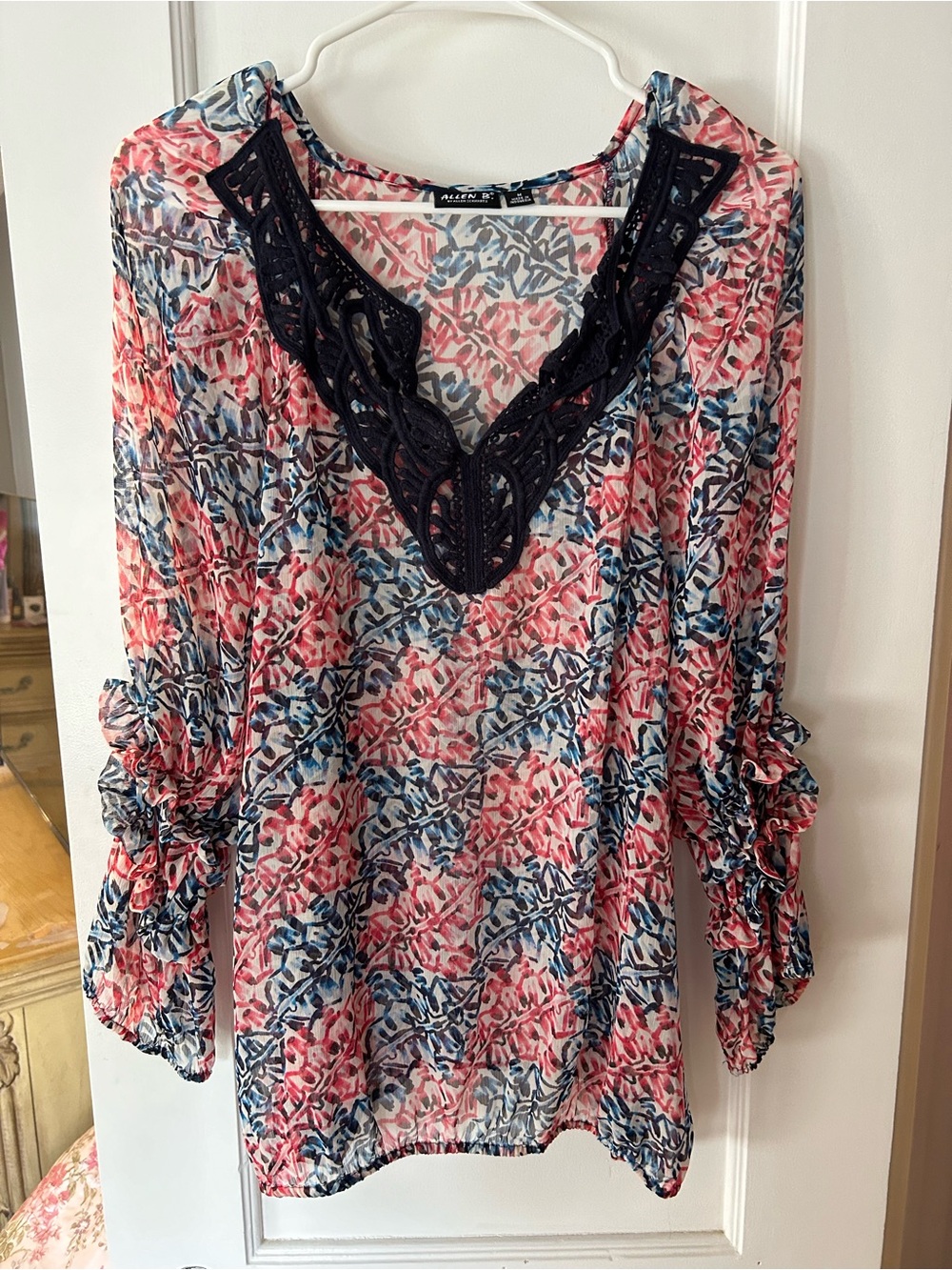 Lace-Trim Floral Sheer Blouse - Navy & red